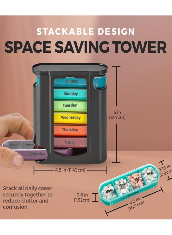 منظم حبوب أسبوعي، موزع واحد، 7 حجرات قابلة للتكديس، أربع جرعات يومية – صباحًا، ظهرًا، مساءً وقبل النوم، أسود - Image 2